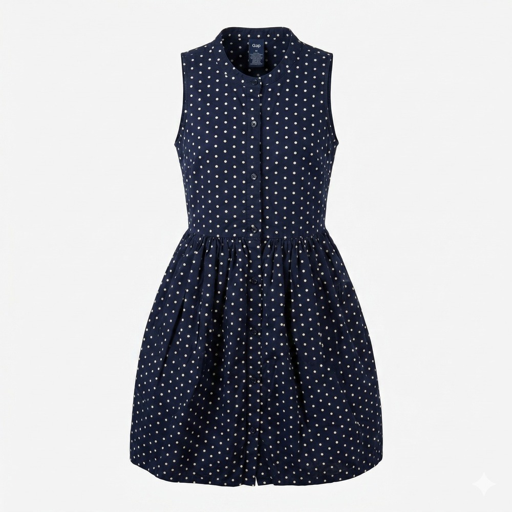 Gap Kids Girls XL 12 Navy White Polka Dot‎ Sleeveless Button Front Lined Dress
